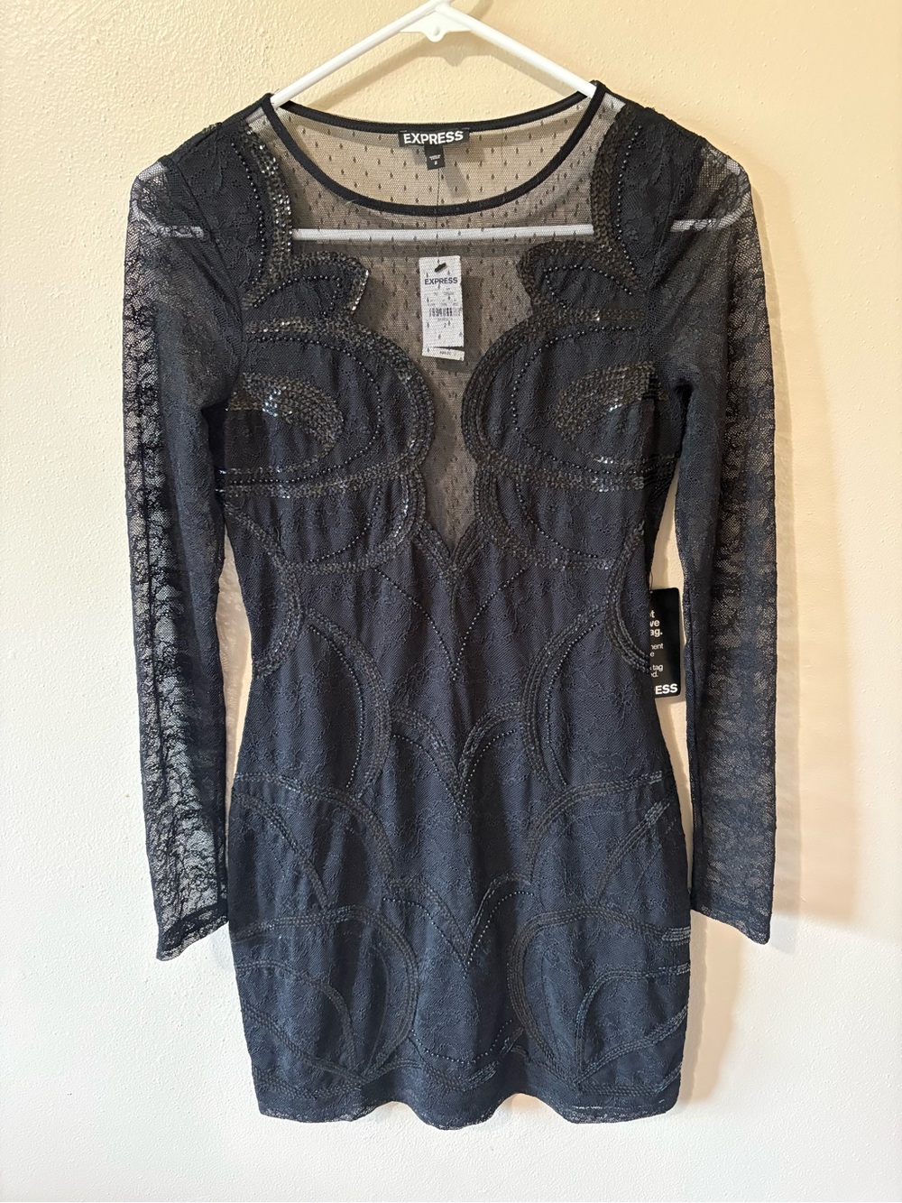 Express Sequin Lace Sheer Long Sleeve Bodycon Dress Womens size 2 NWT!!